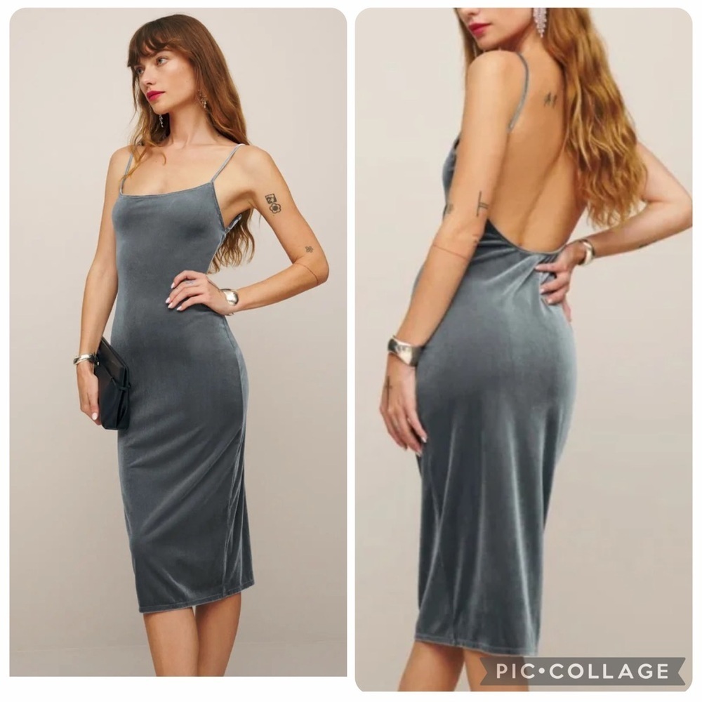 Reformation Merel Velvet Midi Dress Silver Sleek Minimalist Scandinavian Size XL